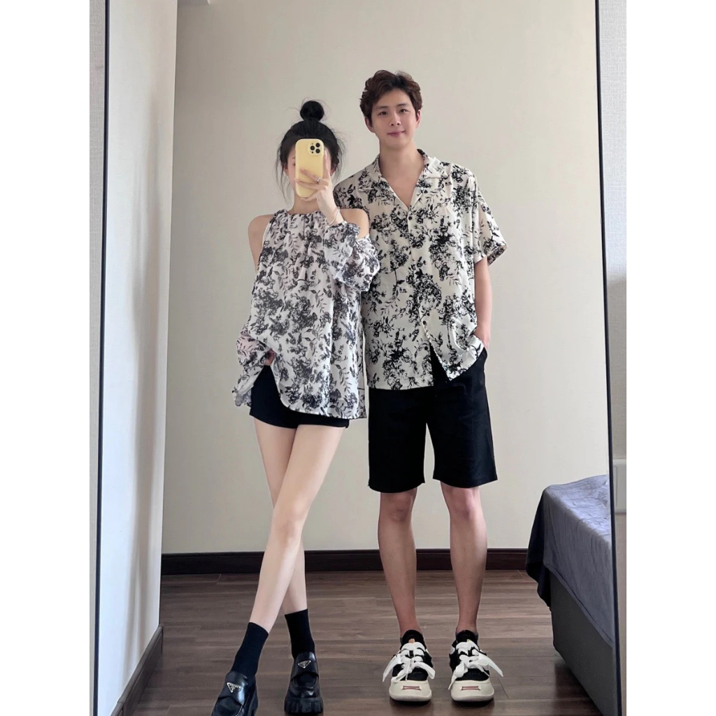 Couple Set Đôi Nam Nữ Áo Sơmi Nam Và Áo Nữ Thiết Kế Hở Vai Họa Tiết In Hoa Dành Cho Cặp Đôi