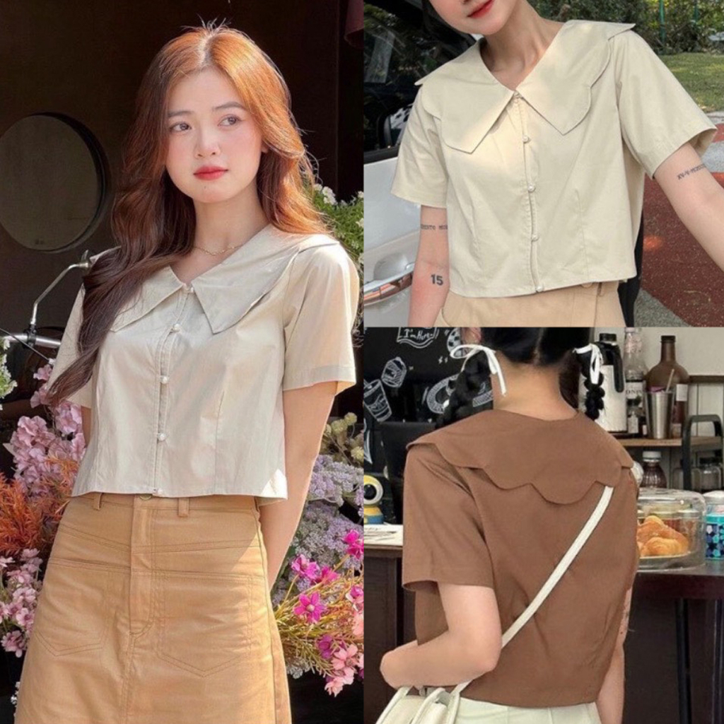 Áo sơ mi croptop, Áo croptop cổ bèo kiểu phối khuy ngọc màu vintage xinh xắn