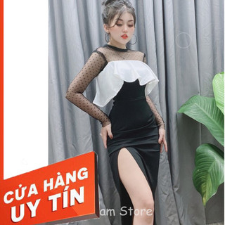 ✔️hienphamstore✔️ Đầm tay dài phối bèo ngực, tay voan ren, phối voan ngực chấm bi - DN7111