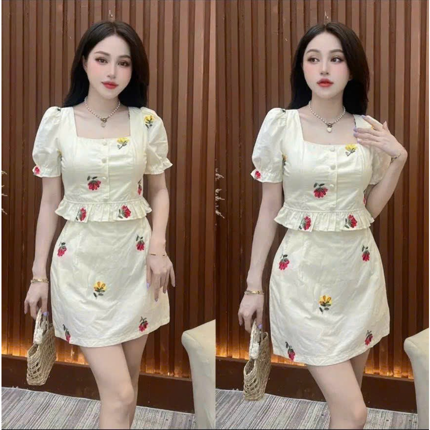 Bigsize Set áo cổ vuông nút bọc kèm chân váy chữ a 55-95kg