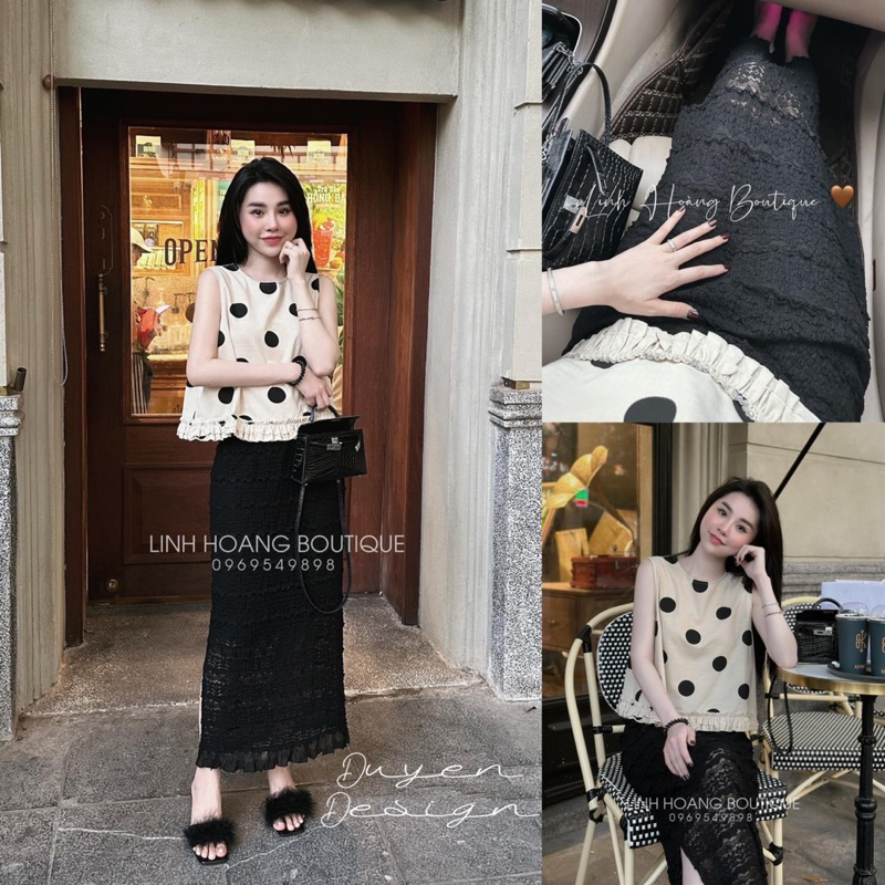Set Áo Chấm Bi Chân Váy Ren Hot Hit