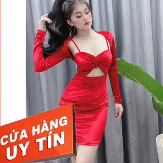 [FREE SHIP] ✔️hienphamstore✔️ Đầm 2 dây rút nhúng kèm áo khoát,  body nhung khoét eo - DN7150
