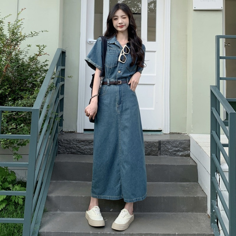 Váy Bò Dáng Dài Đầm Dài Qua Gối Váy Sơ Mi Bò Ngắn Tay Dáng Suông Chữ A Retro Váy Bò Cộc Tay Có Cổ Váy Đi Biển V244