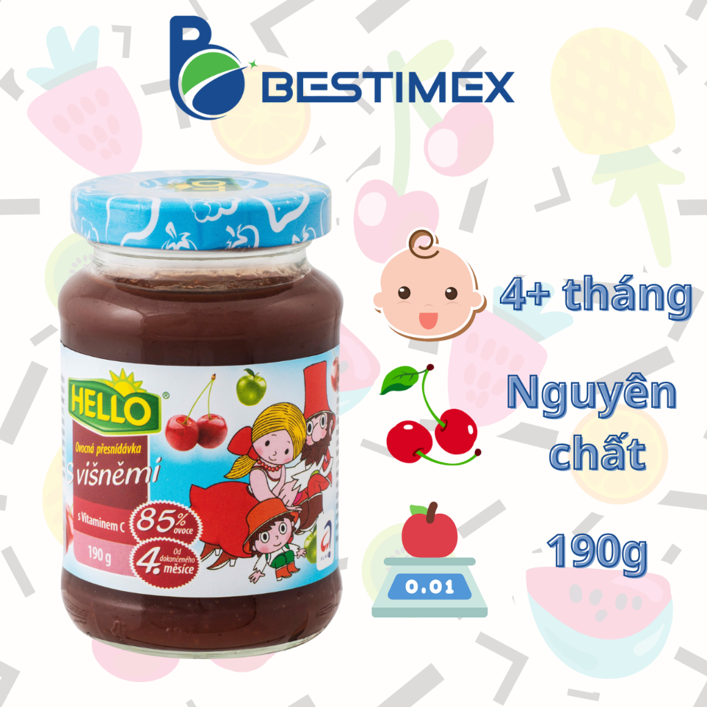 Trái cây nghiền Hello nguyên chất ăn dặm vị Anh đào & Táo dạng hũ thủy tinh 190g
