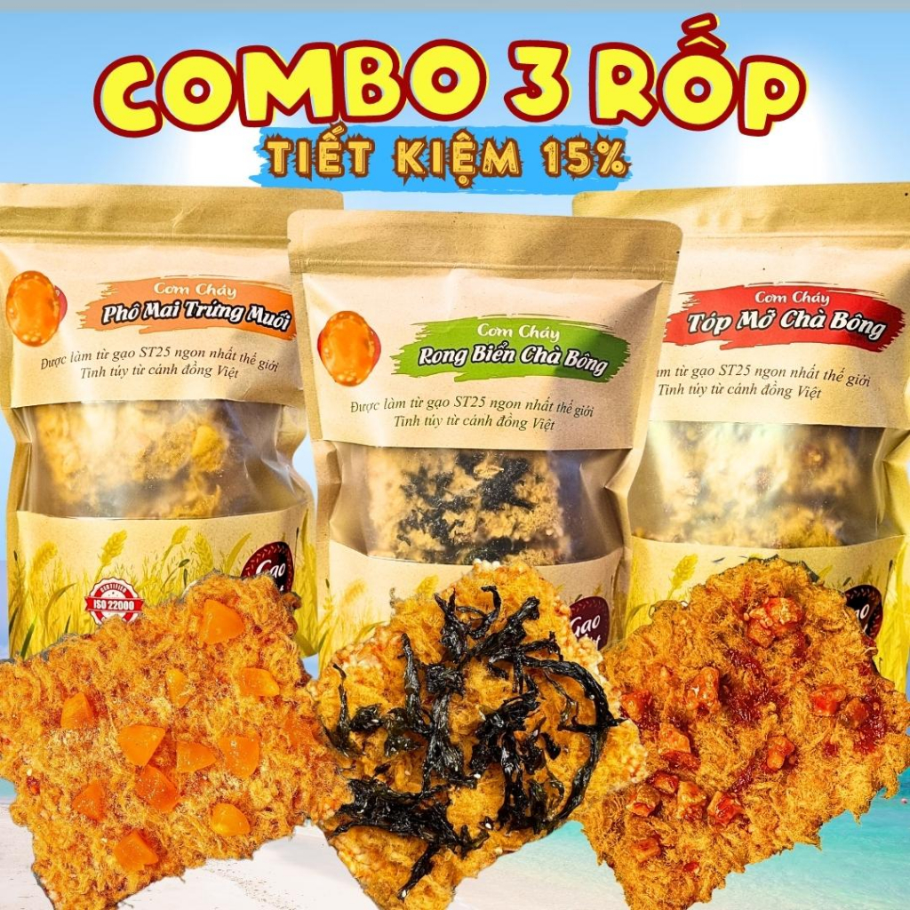 COMBO 3 VỊ CƠM CHÁY PHÔ MAI TRỨNG MUỐI-TÓP MỠ-RONG BIỂN 750gram