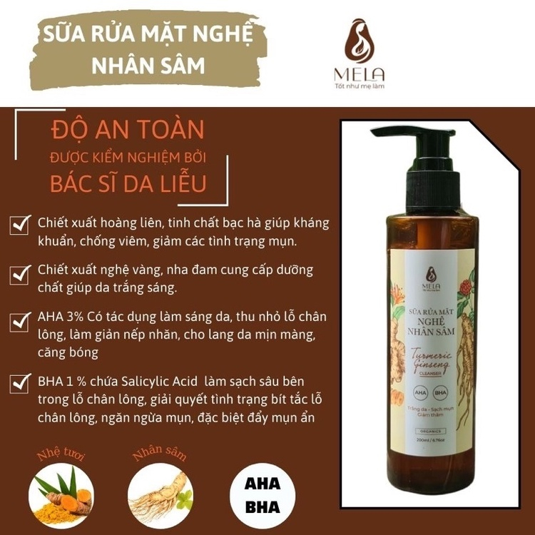 Sữa Rửa Mặt Nghệ Nhân Sâm MELA Giảm Mụn Sáng Da Dịu Nhẹ, Gel Rửa Mặt Cấp Ẩm Giảm Thâm Và Cân Bằng pH 200ml