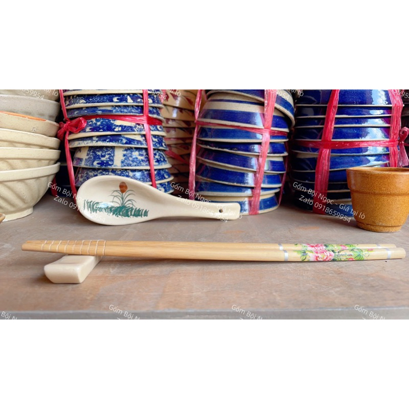 Muỗng / Thìa Gốm Cao Cấp Vẽ Tre / Cỏ - Gác Đũa Muỗng Gà Gốm - Gốm Xưa Lái Thiêu Cho Người Hoài Niệm