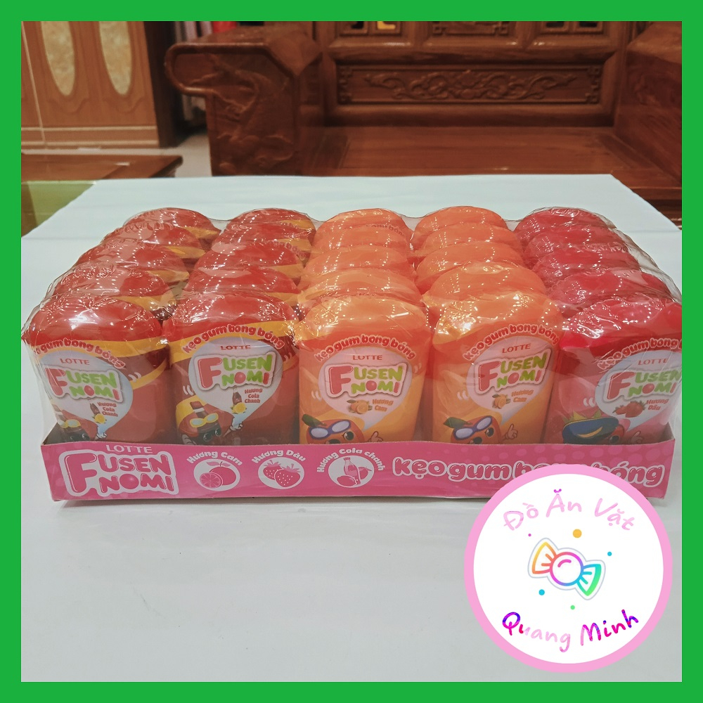 Bán sỉ hộp kẹo gum bong bóng Fusen Nomi Lotte 25 lọ 14g hương vị cam, dâu, cola chanh thơm ngon, đồ ăn vặt hot nhất
