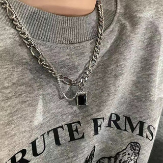 Vòng cổ đôi đá vuông đen cá tính, dây chuyền unisex