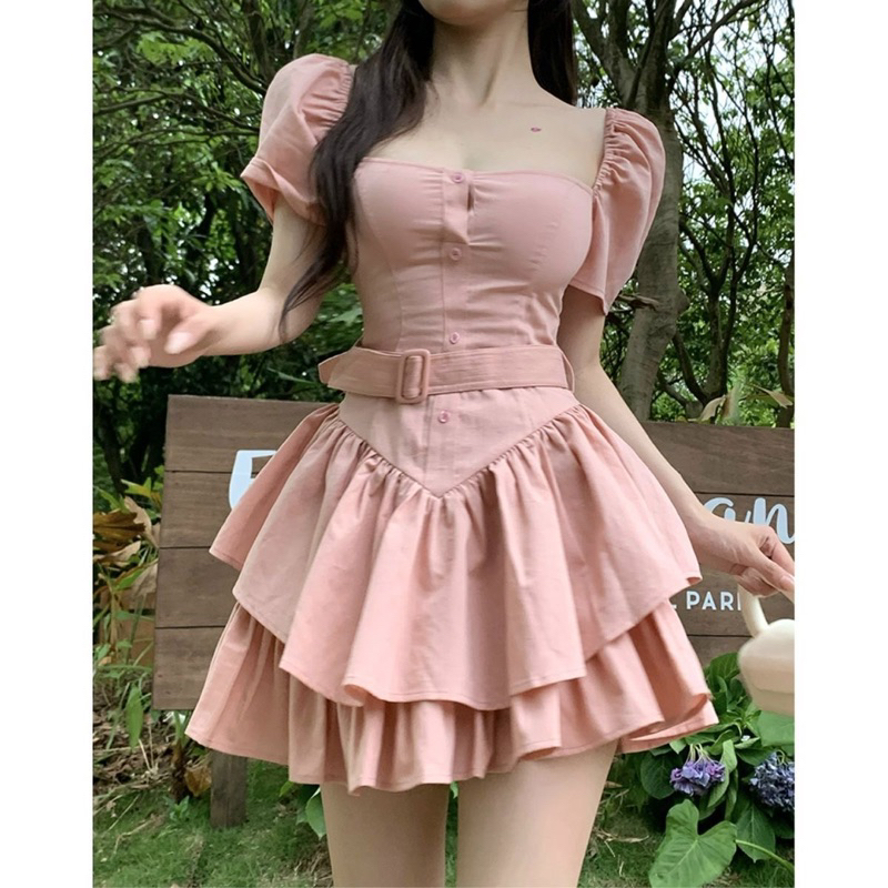 Đầm mini tay ngắn thắt eo dáng xoè màu hồng nhạt thời trang nữ