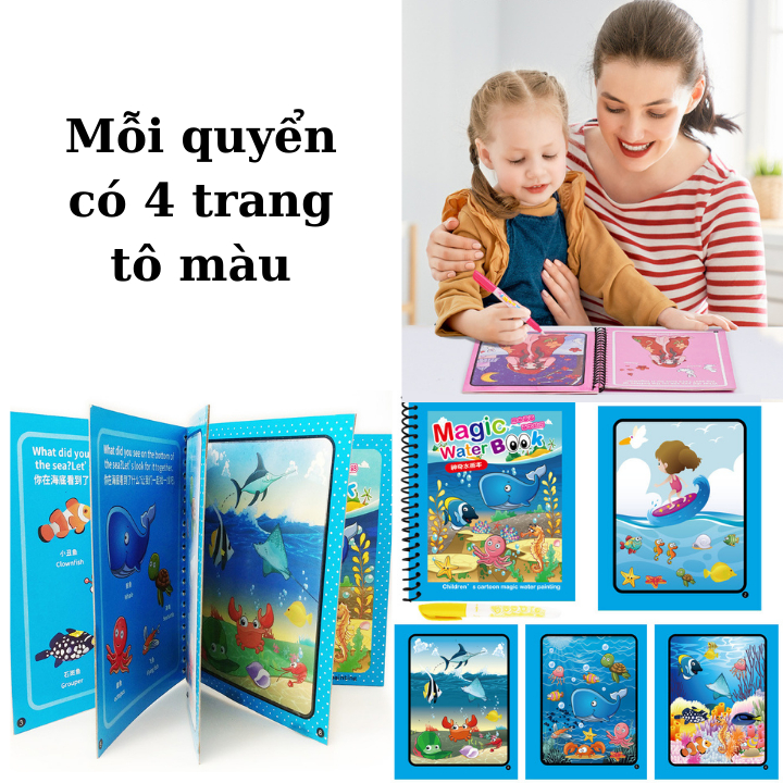Tranh tô màu nước ma thuật, quyển tập tô thần kì, Magic water book cho bé, tặng 1 bút tô màu - TRANH NƯỚC