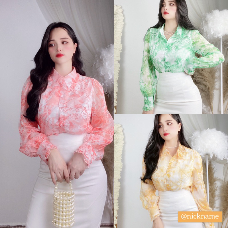 Áo Sơ Mi Hoa Nữ Thiết Kế Cổ Đức Viền Bèo Dài Tay Hoạ Tiết Mùa Hè Chất voan Tơ 2 Lớp