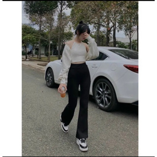  Quần Ống Loe legging Thun Cotton  hình thật  Cạp chun lưng cao có túi 