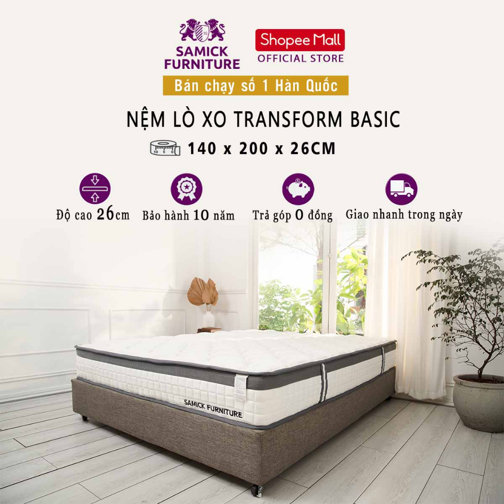 Nệm Lò Xo Túi Độc Lập Samick Hút Chân Không Transform nhập khẩu từ Hàn Quốc 140cm x 200cm x 26cm - Nệm êm và thoáng mát