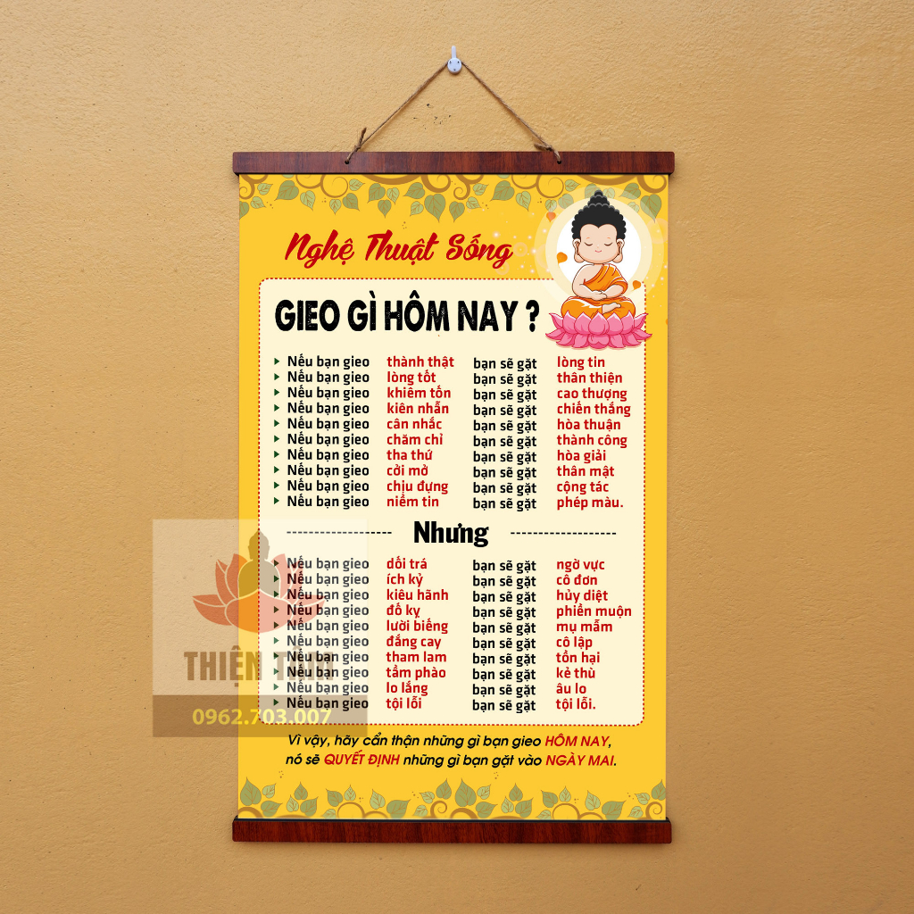 Tranh chữ Gieo Gì Hôm Nay nẹp gỗ 40x60cm bằng vải phủ bóng cao cấp dày dặn