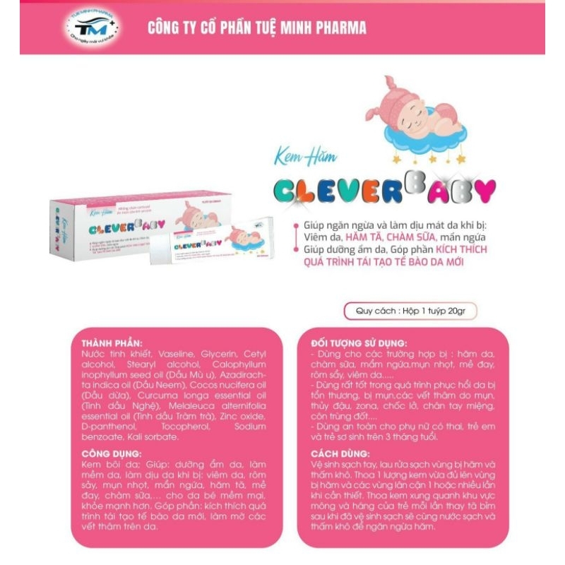 Kem Hăm CLEVER Baby  Dưỡng Ẩm Giảm Mẩn Ngứa Viêm Da Hăm Tã Chàm Sữa Tuyb 20g