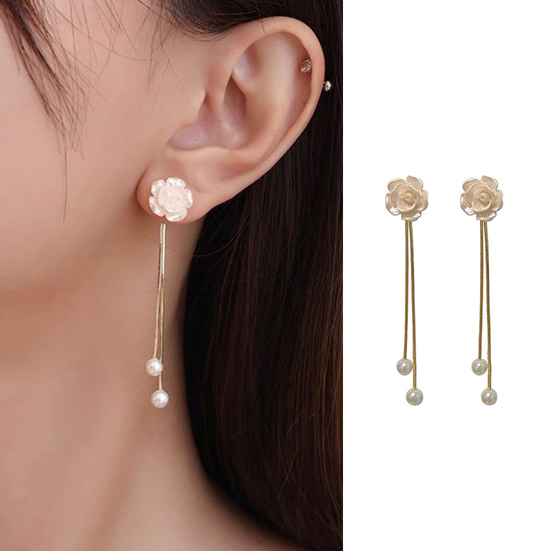 Beautycoco🍊Đôi Bông Tai Dáng Dài Đính Hoa Trà  Phối Tua Rua Thời Trang Cho Nữ,Bông tai mạ bạc 925 hình hoa trà đính ngọc trai phong cách mới 2023