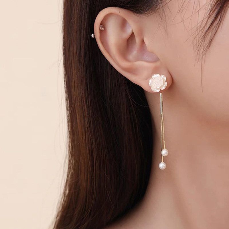 Beautycoco🍊Đôi Bông Tai Dáng Dài Đính Hoa Trà  Phối Tua Rua Thời Trang Cho Nữ,Bông tai mạ bạc 925 hình hoa trà đính ngọc trai phong cách mới 2023