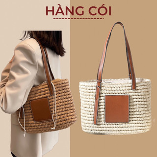 Túi cói đeo vai dây da hot trend thời trang đi biển mùa hè-Hàng Cói