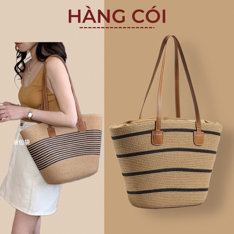 (Kèm video)Giỏ cói dây da túi cói hình thang size lớn đi biển mẫu mới hè-Hàng Cói