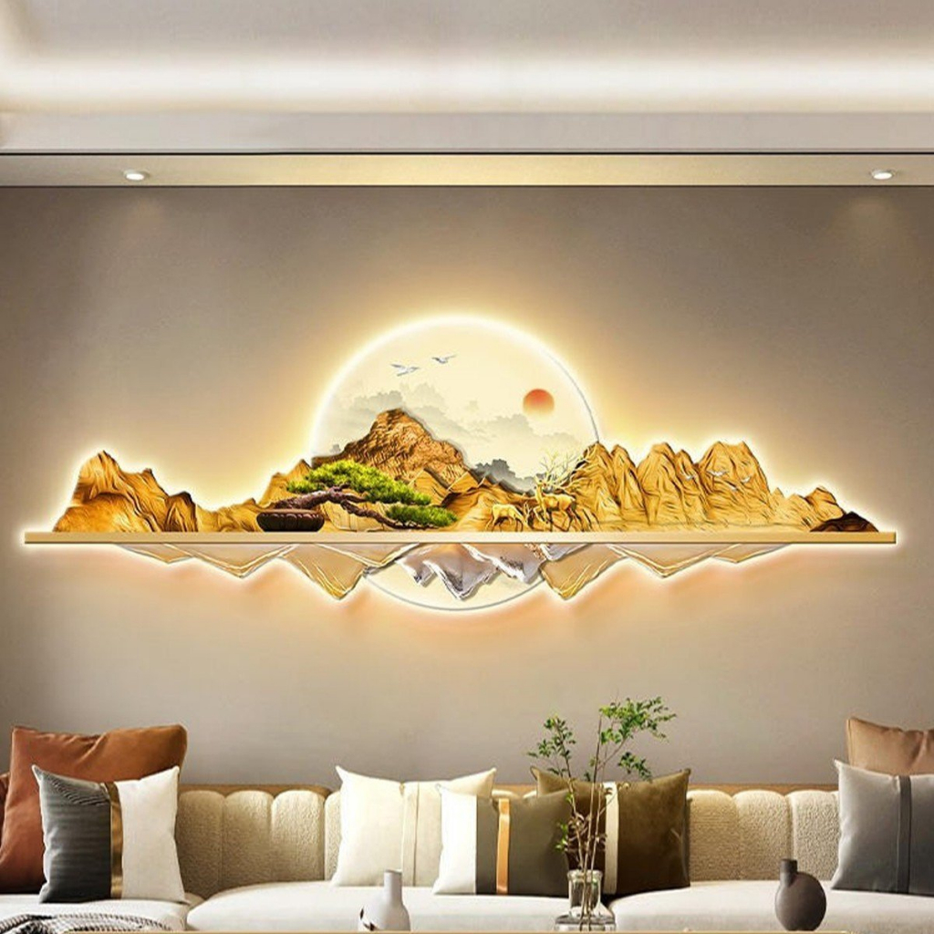 Tranh đèn led tráng gương treo tường núi vàng hùng vĩ có kèm đinh treo