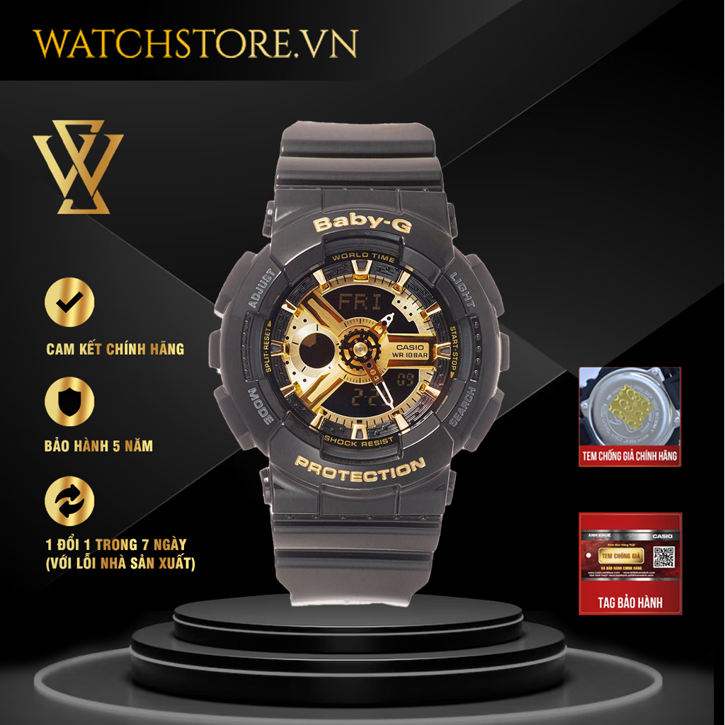 Đồng Hồ Điện Tử Nữ Casio Baby-G  WATCHSTORE BA-110-1ADR Thiết Kế Mặt Kính Khoáng 43.5mm, Dây Và Vỏ Nhựa Bền Bỉ