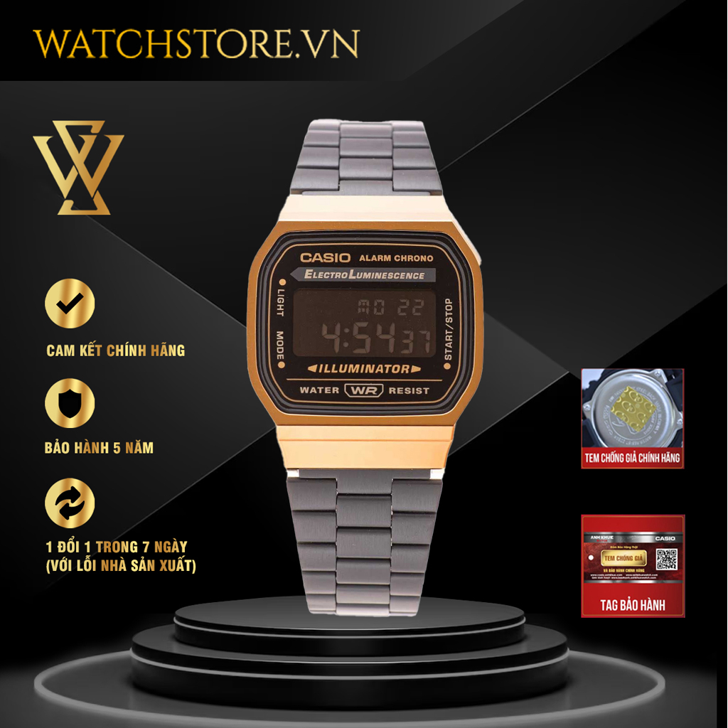 Đồng Hồ Điện Tử Unisex Casio WATCHSTORE A168WEGB-1BDF Thiết Kế Mặt Kính Nhựa 36mm, Vỏ Thép Không Gỉ