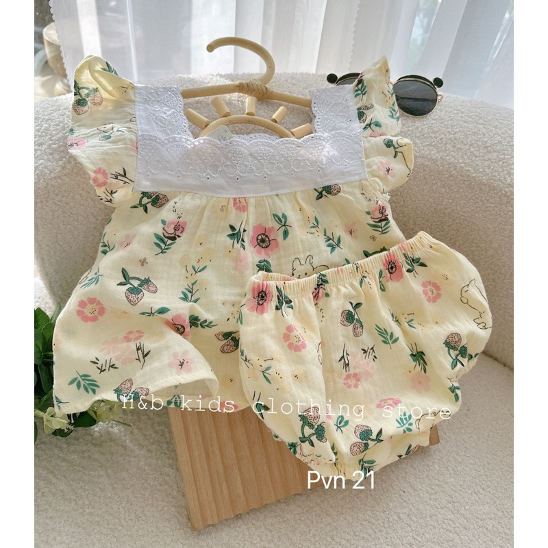 Bộ Xô Musline Cộc Tay Bé Gái 6-16kg Chất Mềm Mát Ren Phối Tay Bèo, Bộ Xô Mặc Hè Cho Bé - AN.KID