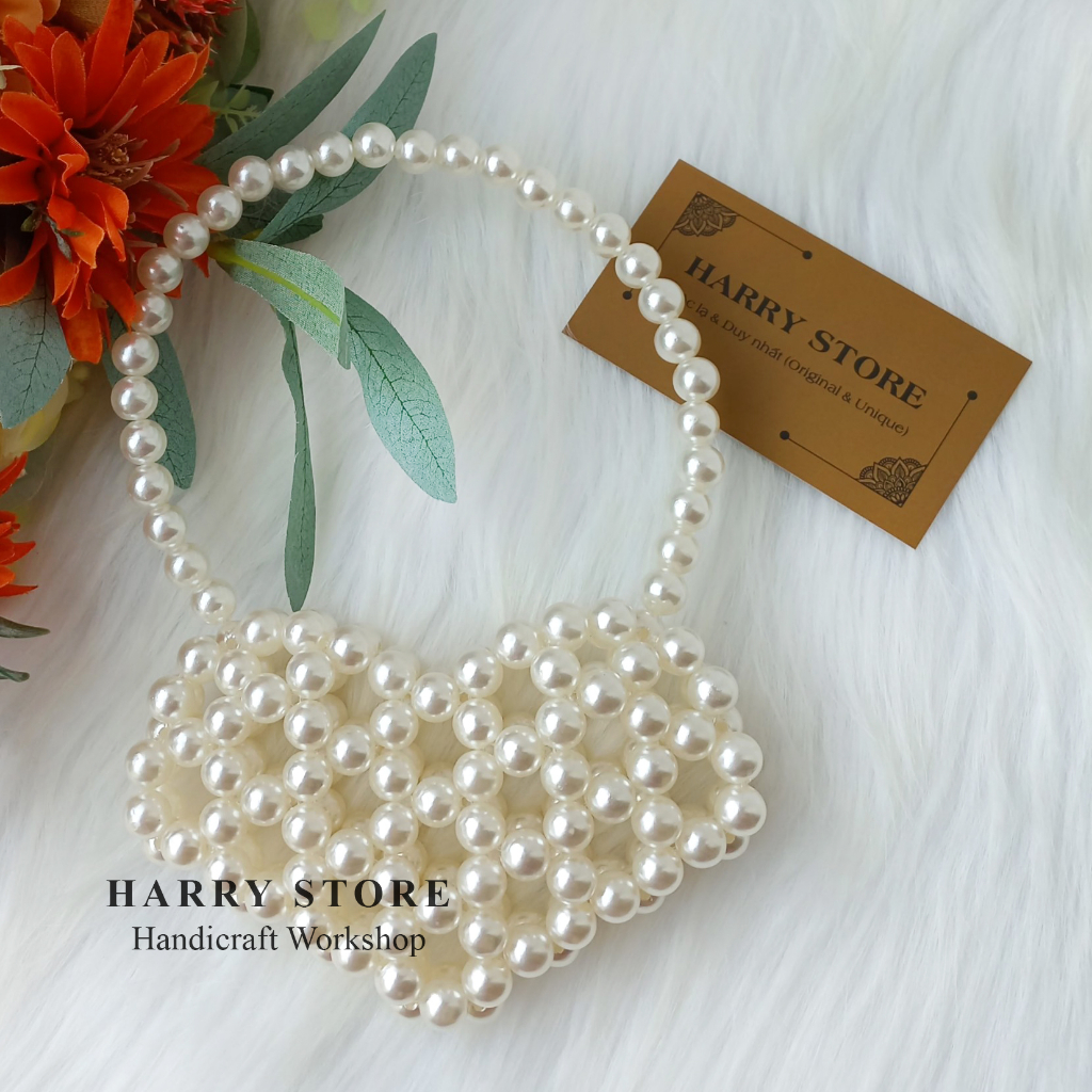 Túi cườm handmade kết ngọc trai hình trái tim đáng yêu HRRD1-T