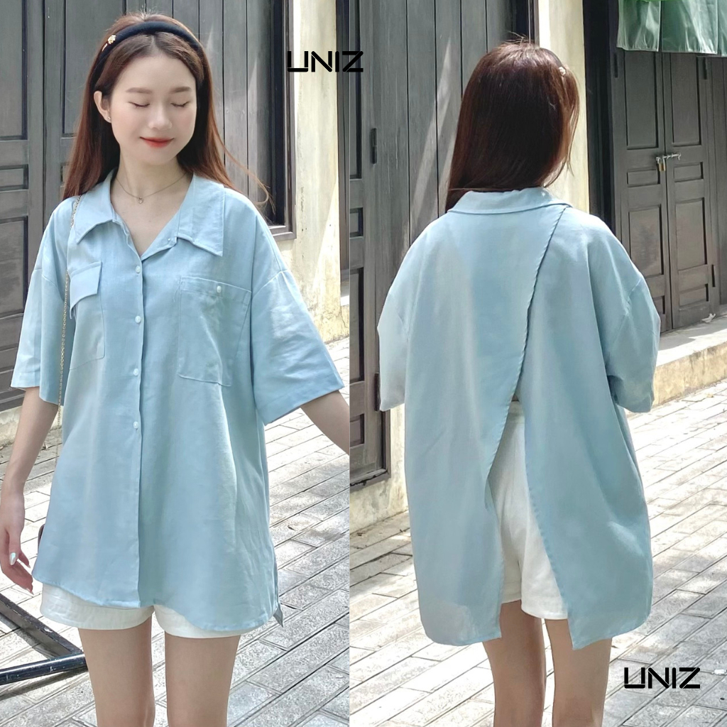 ( Ảnh thật ) Áo sơ mi nữ xẻ lưng chất line mềm mát from rộng uniz - SMhaituicoctay/p12k4