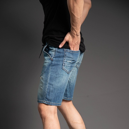 Quần Short Jean Nam Cạp Chun Rách H90 Chất Bò Co Giãn Ống Đứng J017