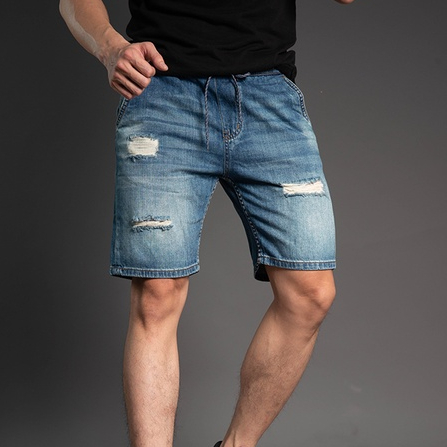 Quần Short Jean Nam Cạp Chun Rách H90 Chất Bò Co Giãn Ống Đứng J017