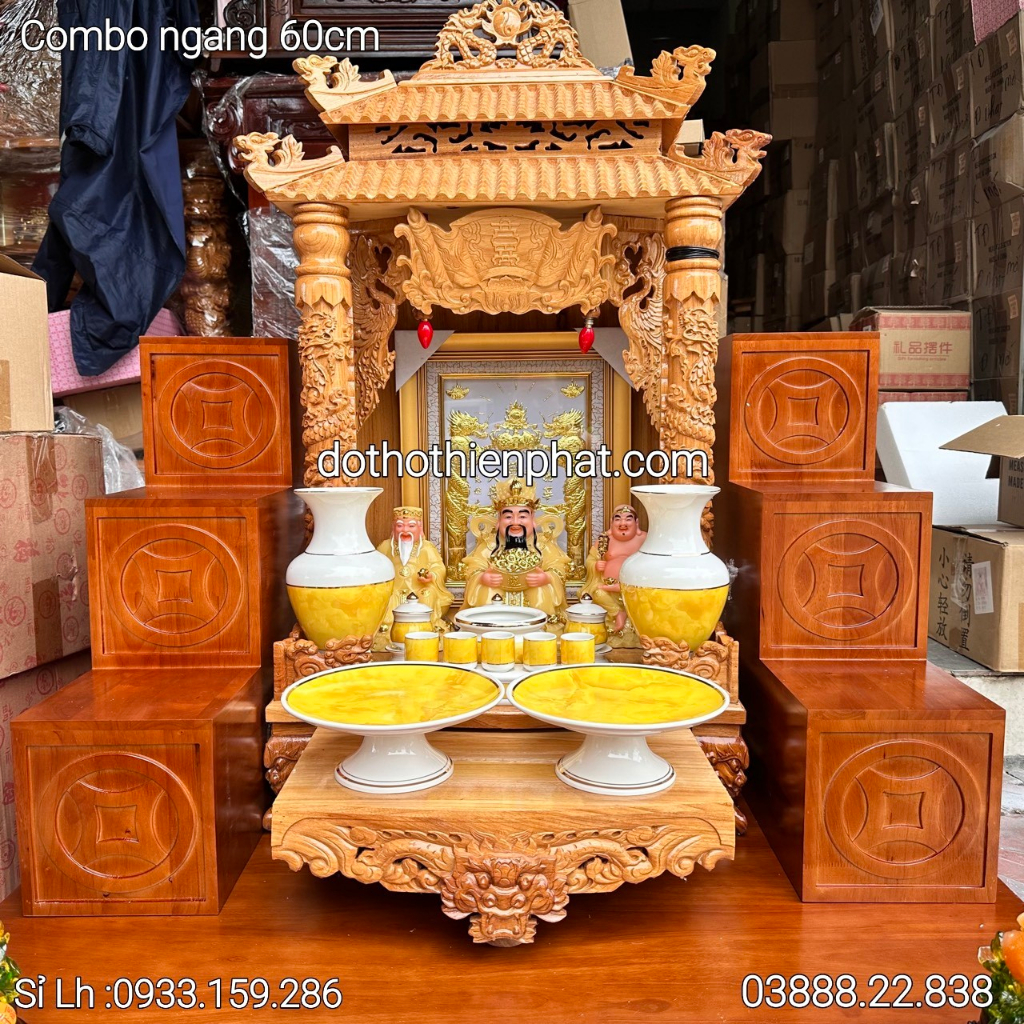 Combo bộ bàn thờ thần tài ông địa mái chùa gỗ gõ đỏ ngang 60cm