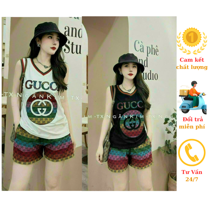 Bộ short nữ cổ tim cotton 100% áo thêu chữ Gucc.i cực ngầu trẻ trung cá tính