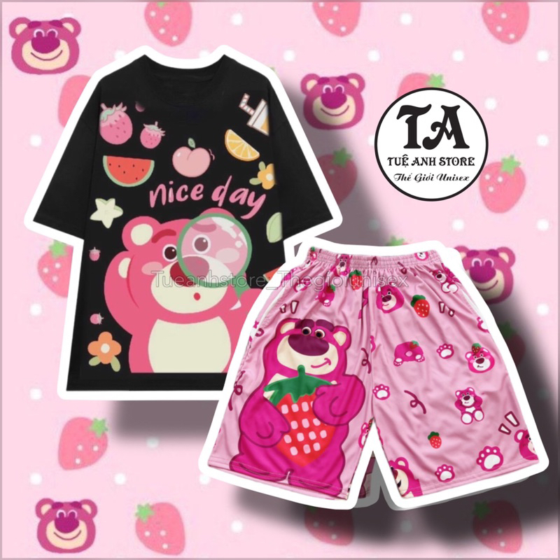Set Bộ Đùi Gấu Dâu Đen Lotso cotton quần áo hoạt hình hoạ tiết đáng yêu Mặc nhóm Đi Biển - Bộ mặc nhà Cartoon form rộng