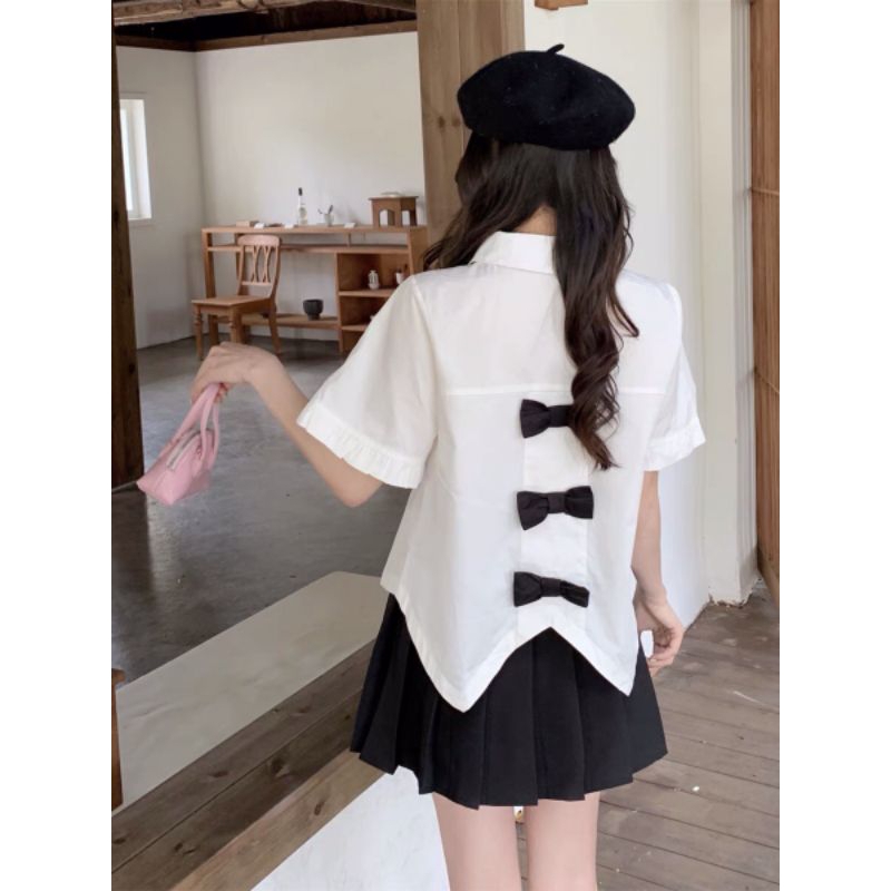 Set 2 món áo sơmi phối nơ kèm chân váy BIGSIZE H004