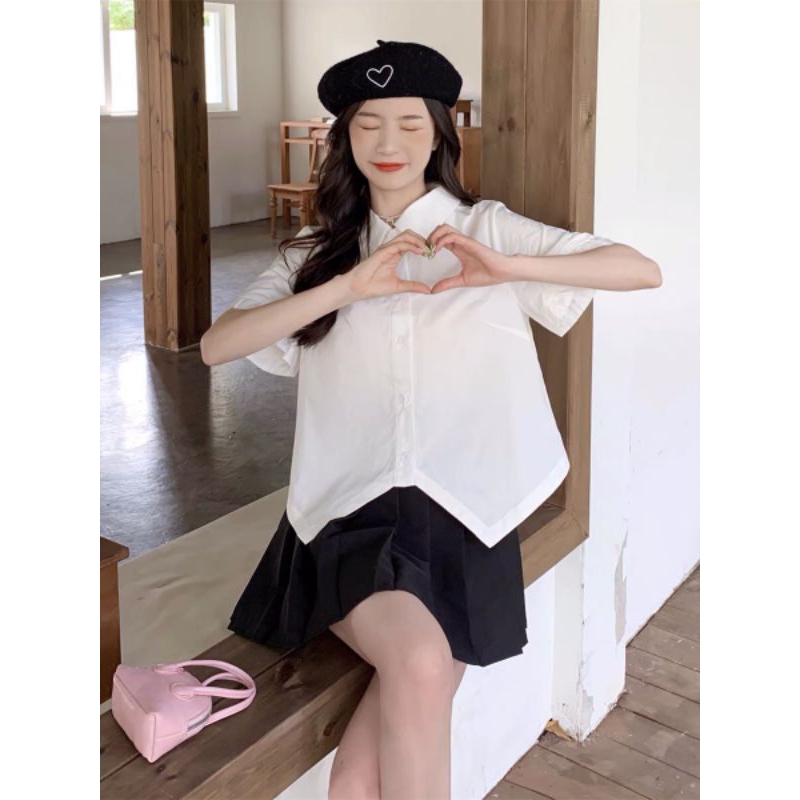 Set 2 món áo sơmi phối nơ kèm chân váy BIGSIZE H004