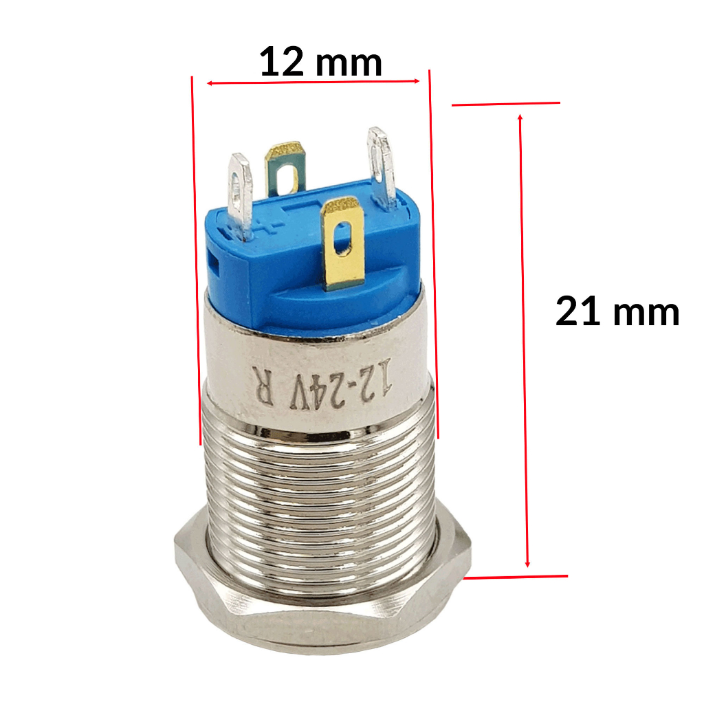 Nút nguồn kim loại 12mm có đèn Mặt nút nhấn dạng phẳng, chống nước nhẹ, nút giữ nguyên trạng thái khi thả tay ra