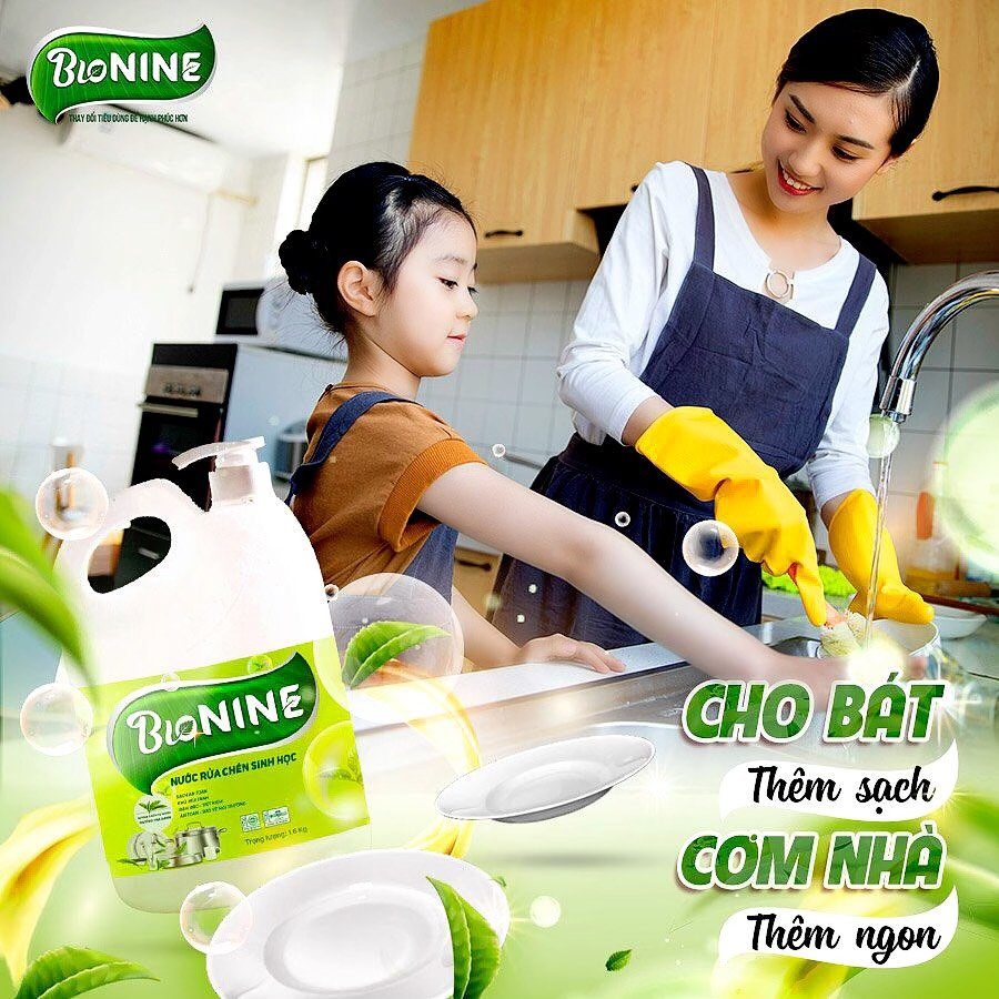 Nước rửa chén sinh học Bio nine hương Trà xanh 1,6kg