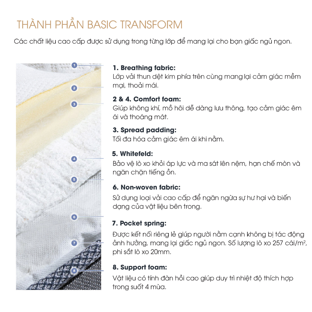 NỆM LÒ XO TÚI HÚT CHÂN KHÔNG Cao Cấp SAMICK TRANSFORM BASIC - Nâng đỡ cơ thể