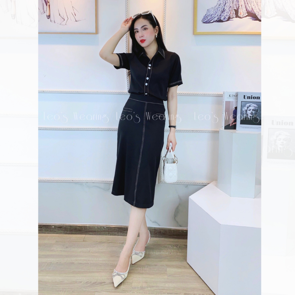 Set váy công sở LEOSWEARING chân váy suông midi xẻ tà sau mix áo sơ mi màu đen chỉ nổi A420