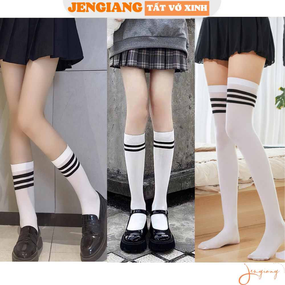 Tất vớ cao cổ nữ sọc đen trắng Jengiang 3 chiều dài từ bắp chân đến đùi phong cách thể thao nữ sinh Hàn Quốc