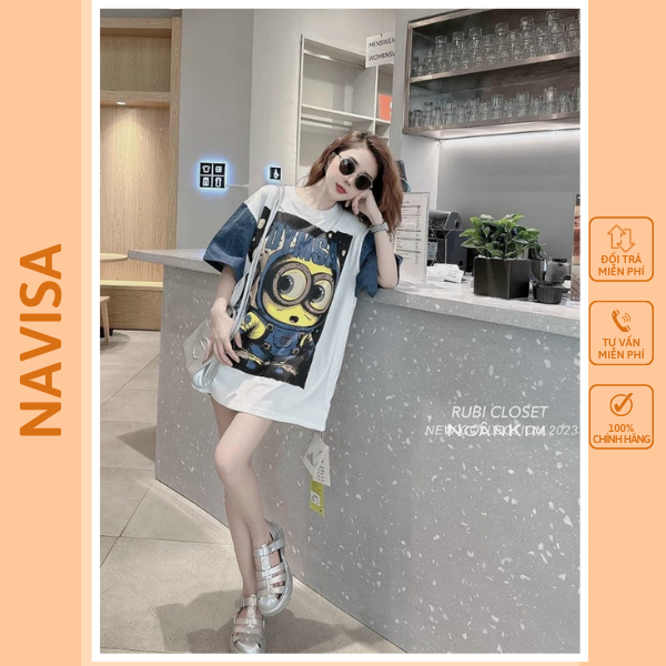 Áo thun nữ tay lỡ chất cotton khô 3158  tay phối bò MINION phong cách Hàn Quốc NAVISA M951