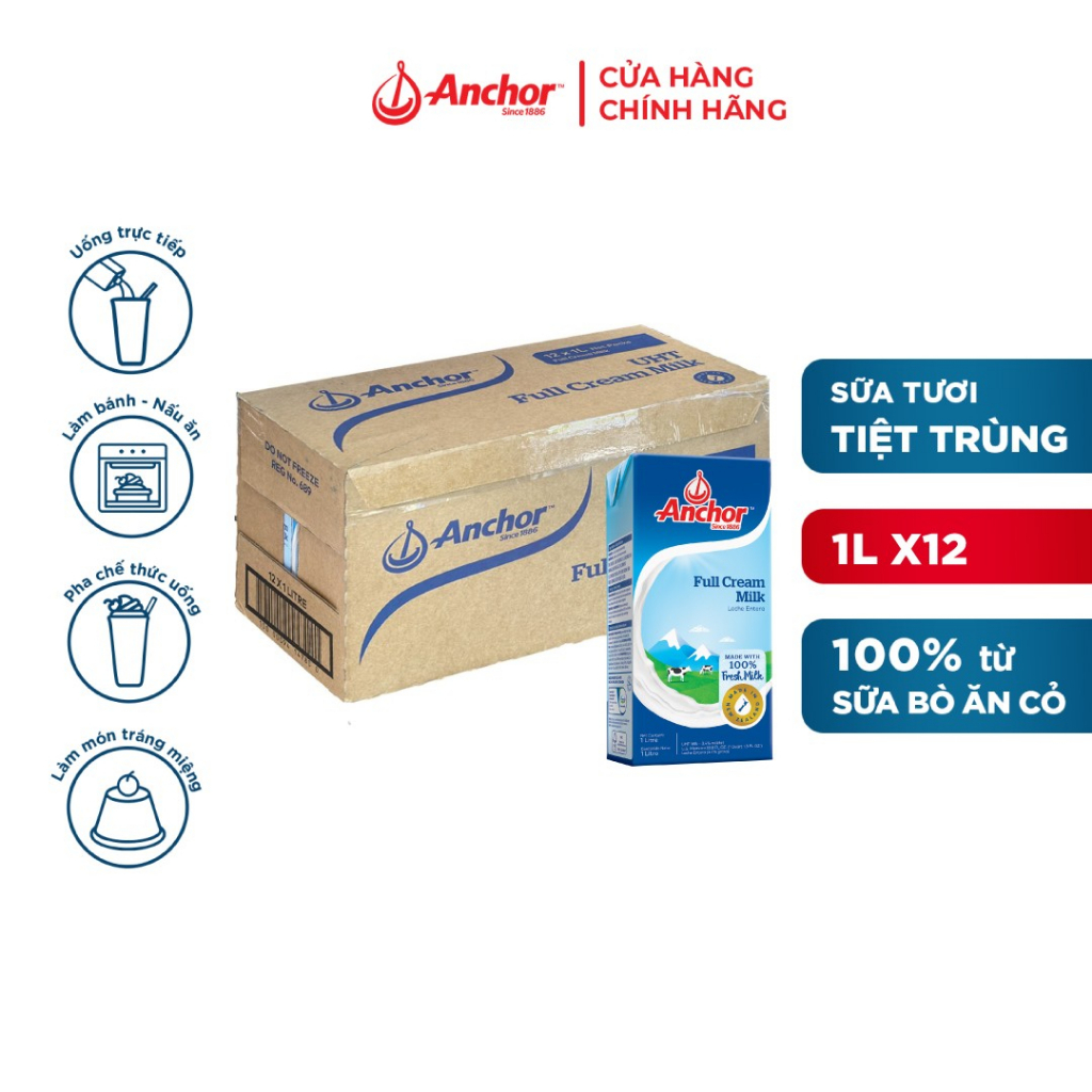 Thùng 12 Hộp Sữa tươi tiệt trùng Anchor 1L/Hộp