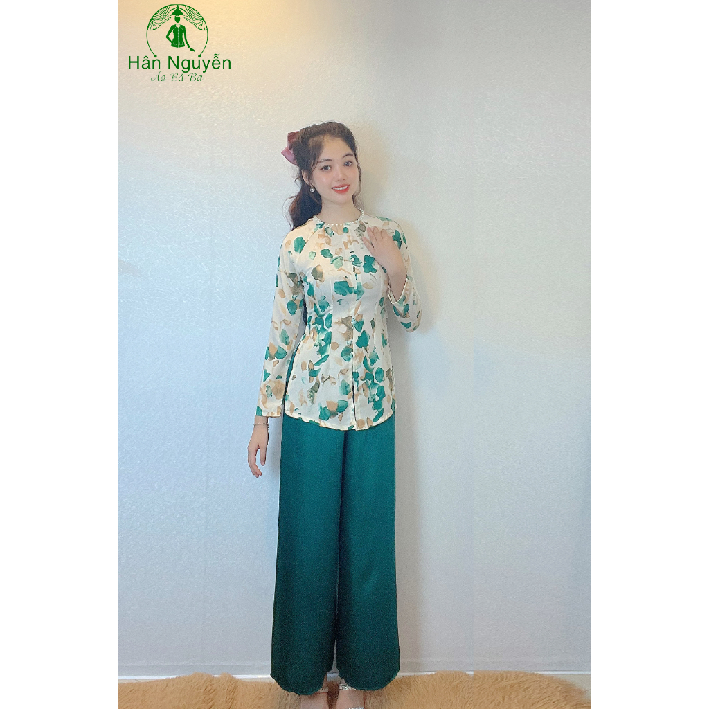 Áo Lẻ Bà Ba Nền Hoa Nút Ngọc - Hân Nguyễn Áo Bà Ba