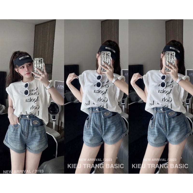 SET ÁO PULL TRẮNG CHỮ + SHORT JEAN KÈM XÍCH