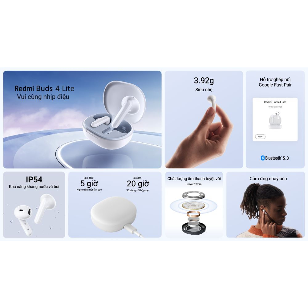 Tai nghe không dây Xiaomi Redmi Buds 4 Lite - Tai nghe bluetooth Xiaomi 5.3 khoảng cách kết nối 10M