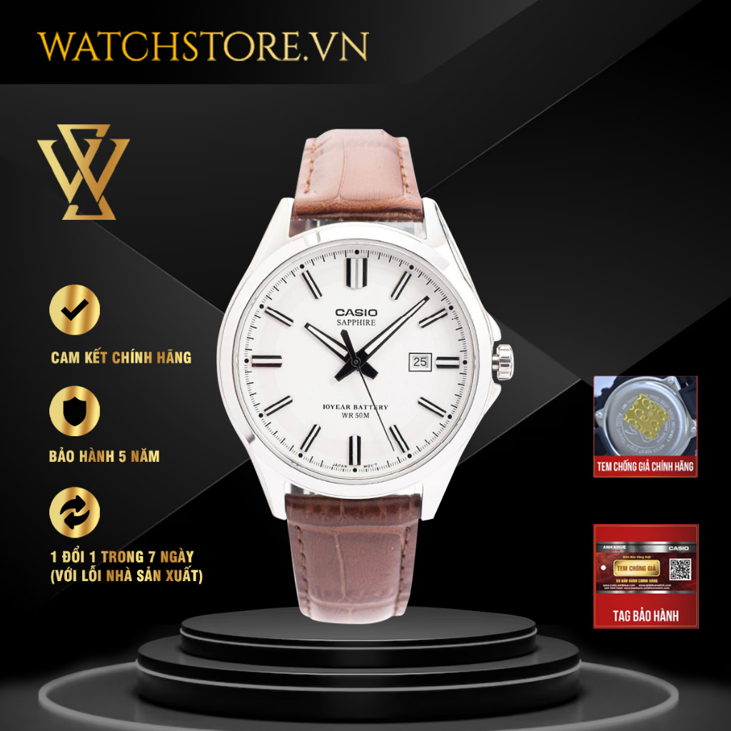 Đồng Hồ Quartz Nam Casio WATCHSTORE MTS-100L-7AVDF Thiết Kế Mặt Kính Sapphire 41mm, Dây Da Nâu Và Vỏ Thép Không Gỉ
