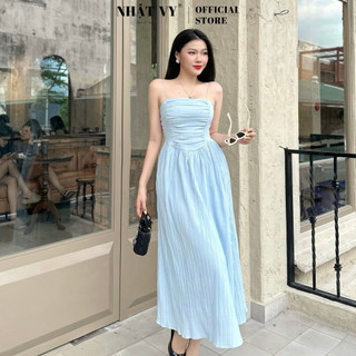 Đầm maxi Nhật Vy 2 dây nhún ngực cách điệu chất sọc xốp phù hợp dạo biển đi chơi - D2811