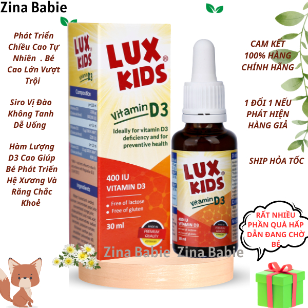 Lux Kid Vitamin D3 Của Đức Lux Kids 400IU  dạng nhỏ giọt chai 30ml giúp bé Tăng chiều cao tự nhiên , xương chắc khỏe